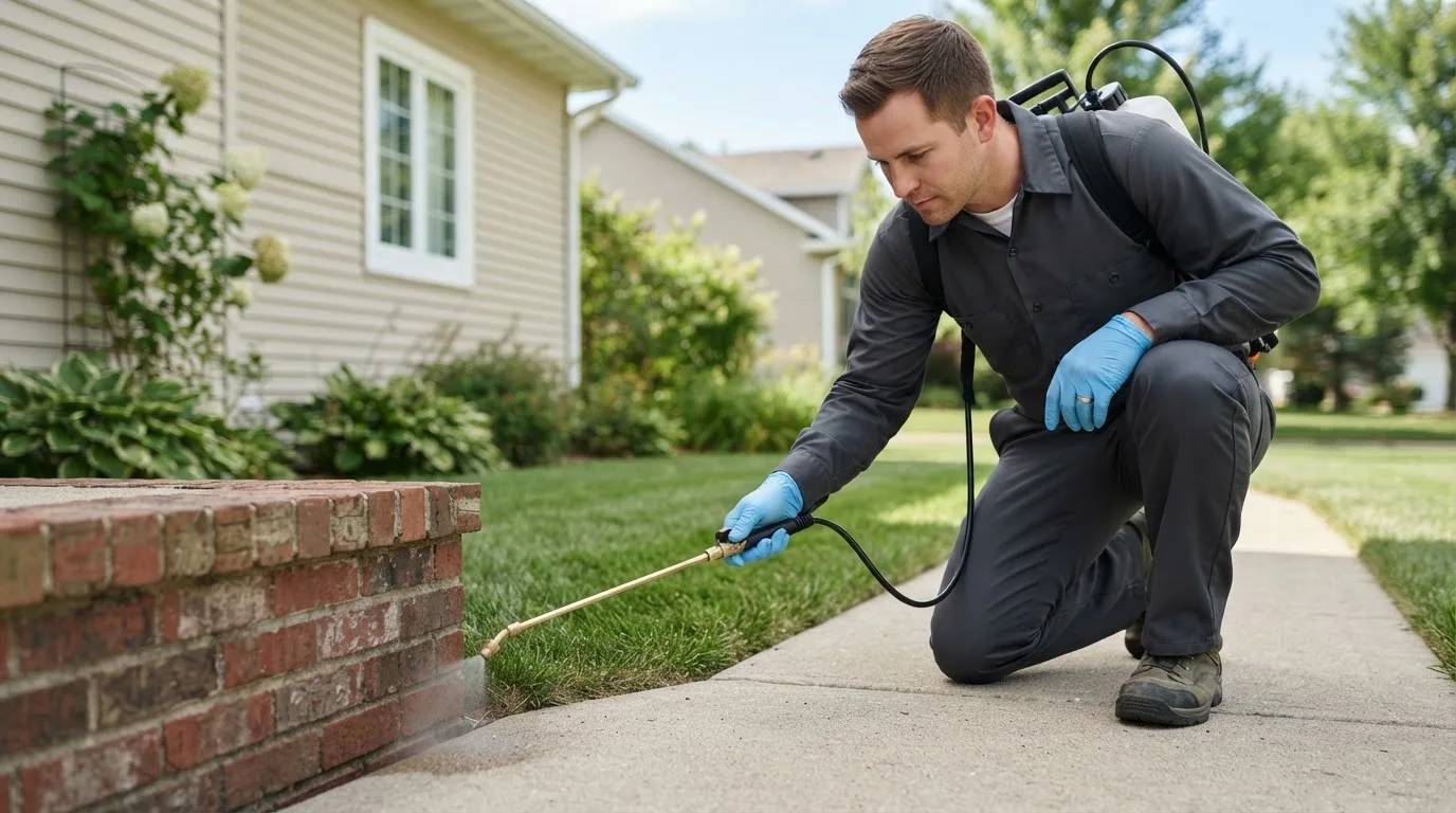 Pest control technician treating a home near Farmersburg, IA