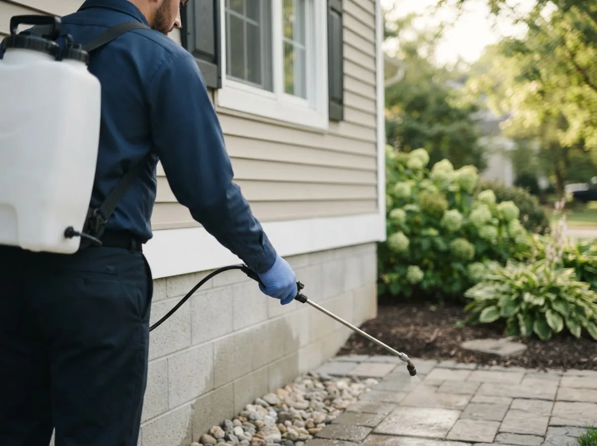 Pest control technician inspecting a home in Farmersburg, IA